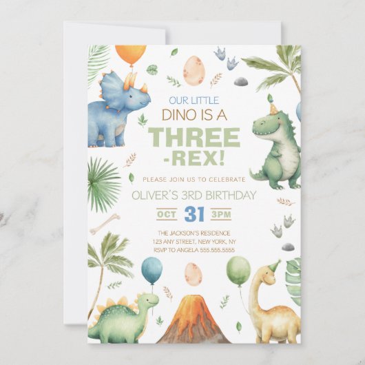 Dinosaur Three Rex 3rd Birthday Party Einladung (Vorderseite)