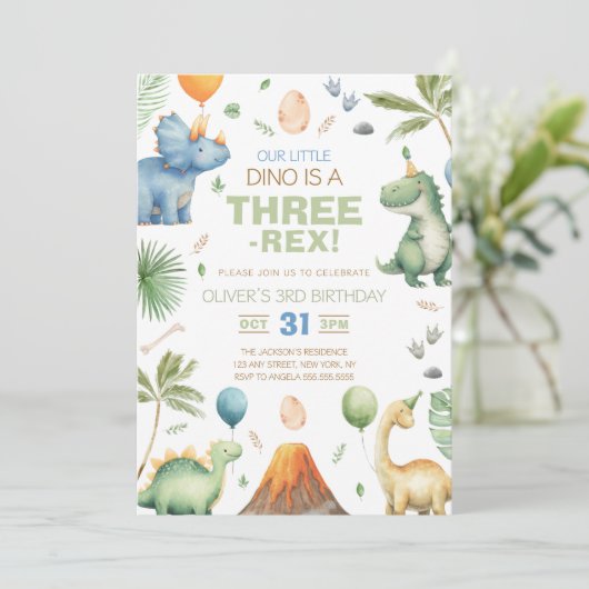 Dinosaur Three Rex 3rd Birthday Party Einladung (Stehend Vorderseite)