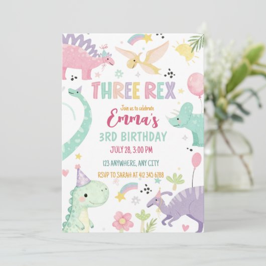 Dinosaur Three Rex 3rd Birthday Party  Einladung (Stehend Vorderseite)