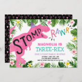 Dinosaur Three-Rex Birthday Einladung Girl Dino (Vorne/Hinten)