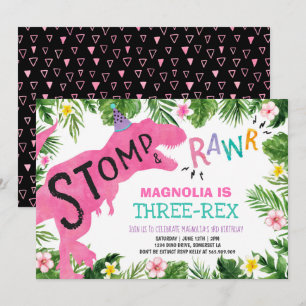 Dinosaur Three-Rex Birthday Einladung Girl Dino
