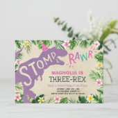 Dinosaur Three-Rex Birthday Einladung Girl Dino (Stehend Vorderseite)