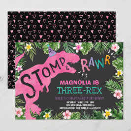 Dinosaur Three-Rex Birthday Einladung Girl Dino