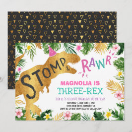 Dinosaur Three-Rex Birthday Einladung Girl Dino