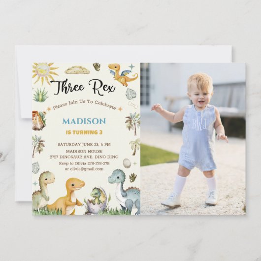 Dinosaur Three Rex Boy Einladung (Vorderseite)