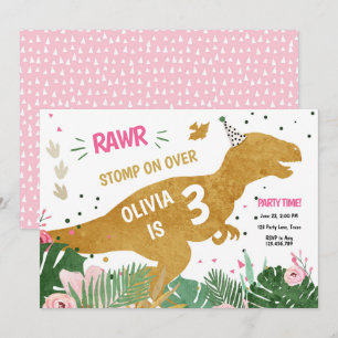 Dinosaur Three-Rex Dino Girl Pink Gold Geburtstag Einladung