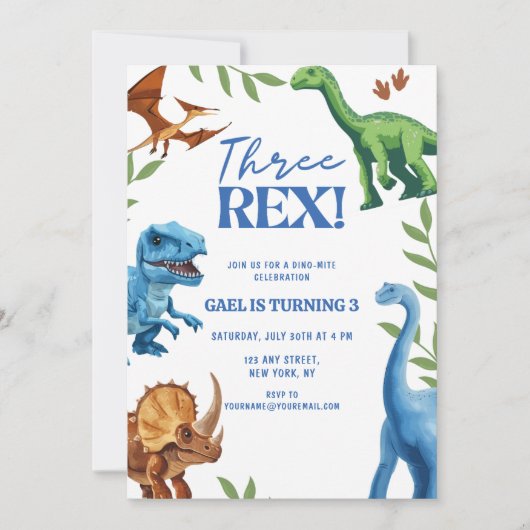 Dinosaur Three Rex Greenerity Geburtstag Einladung (Vorderseite)