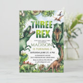 Dinosaur Three Rex Invitation Boy Einladung (Stehend Vorderseite)
