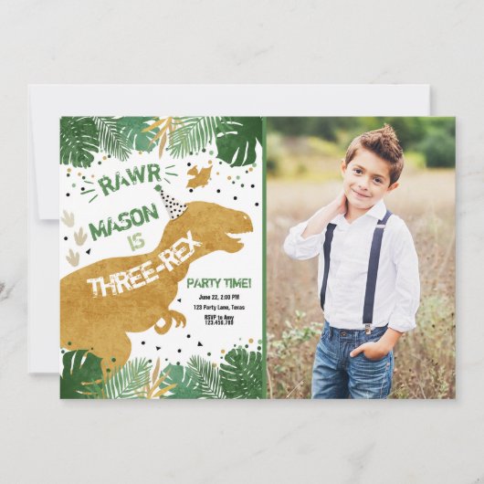 Dinosaur Three-Rex T-Rex RAWR Gold Boy Birthday Einladung (Vorderseite)