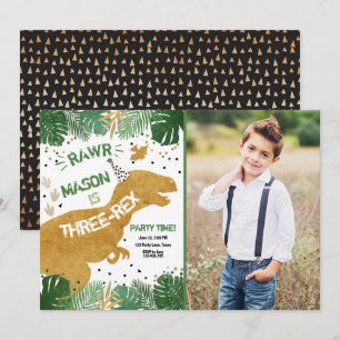 Dinosaur Three-Rex T-Rex RAWR Gold Boy Birthday Einladung