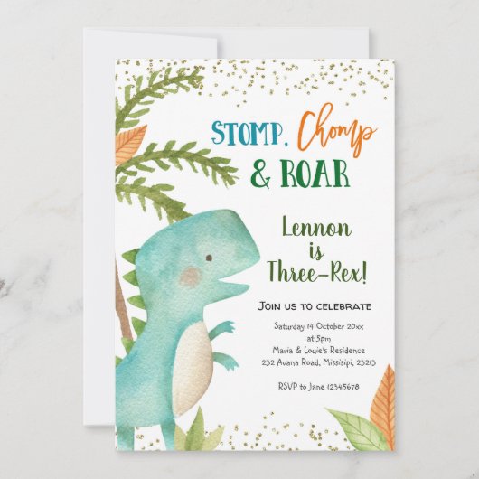 Dinosaur Three-Rex zum Geburtstag Einladung (Vorderseite)