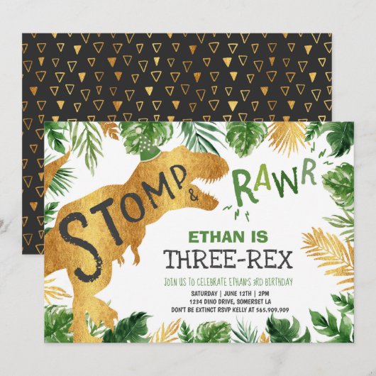 Dinosaur Three-Rex zum Geburtstag Einladung Boy Di (Vorne/Hinten)