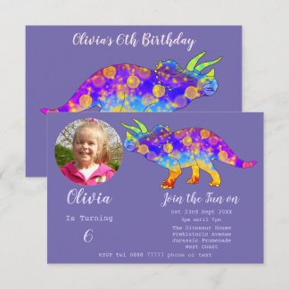 Dinosaur Triceratops Mädchen Geburtstag Lila Foto Einladung