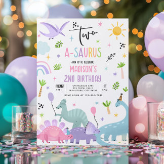 Dinosaur Two-A-Saurs Pink T-Rex 2. Geburtstags-Par Einladung