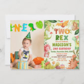Dinosaur Two Rex Greenery 2. Geburtstag Foto Einladung (Vorderseite)