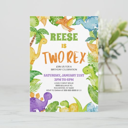 Dinosaur Two Rex T-Rex Zweites Party Einladung (Stehend Vorderseite)
