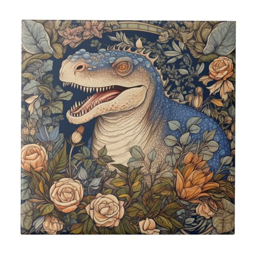 Dinosaur und Blumen im Jugendstil Fliese (Vorderseite)