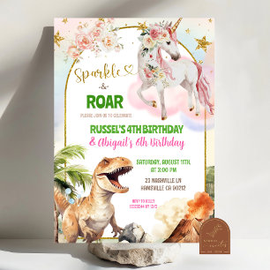 Dinosaur und Regenbogen-Pastell-Einhorn gemeinsame Einladung