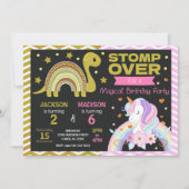 Dinosaur & Unicorn Joint Birthday Invitation Einladung (Vorderseite)