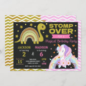 Dinosaur & Unicorn Joint Birthday Invitation Einladung (Vorne/Hinten)