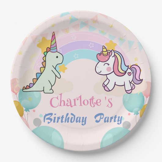 Dinosaur Unicorn Regenbogengradientengeburt Geburt Pappteller (Vorderseite)