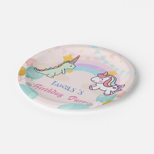 Dinosaur Unicorn Regenbogengradientengeburt Geburt Pappteller (Schrägansicht)