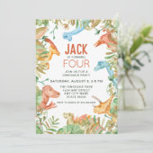 Dinosaur Vierte Geburtstagsparty Einladung (Stehend Vorderseite)