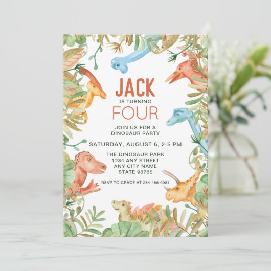 Dinosaur Vierte Geburtstagsparty Einladung (Stehend Vorderseite)