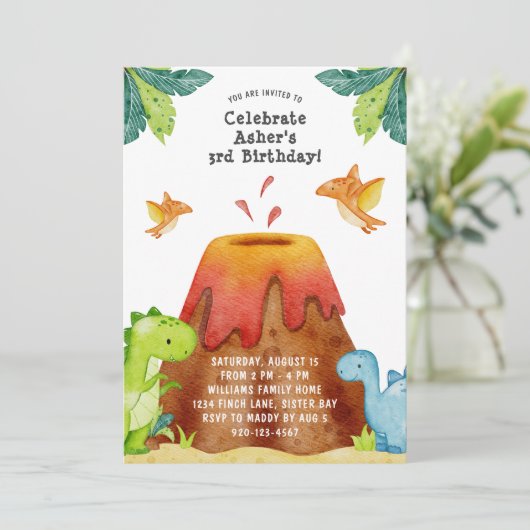 Dinosaur Volcano Geburtstagsparty Einladung (Stehend Vorderseite)