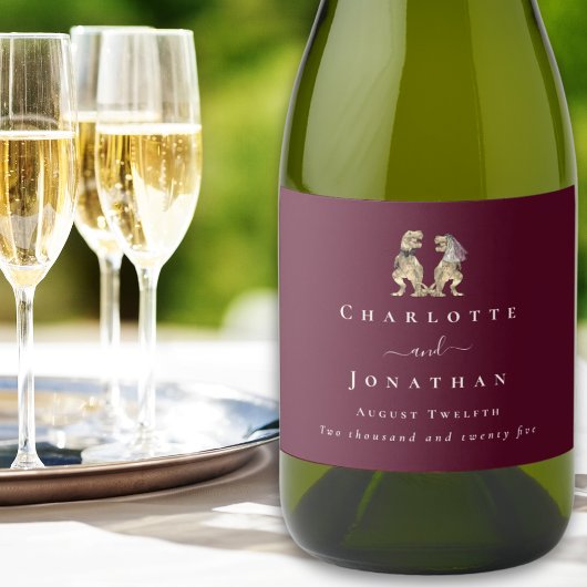 Dinosaur Wedding Burgundy & Cream Personalisiert Schaumweinetikett
