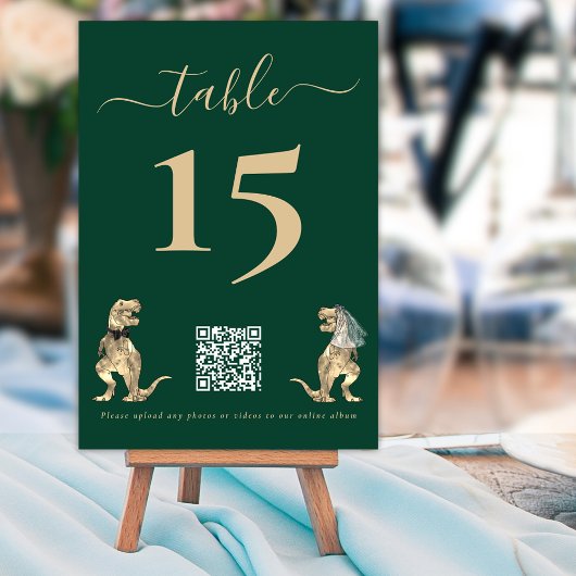 Dinosaur Wedding Dark Green QR Code für Fotos Tischnummer