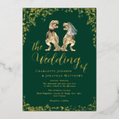 Dinosaur Wedding Dark Green und Gold Folieneinladung (Vorderseite)