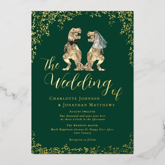 Dinosaur Wedding Dark Green und Gold Folieneinladung (Vorderseite)