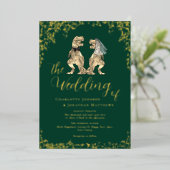 Dinosaur Wedding Dark Green und Gold Folieneinladung (Stehend vorne)