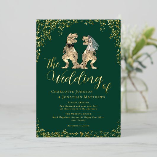 Dinosaur Wedding Dark Green und Gold Folieneinladung (Stehend vorne)