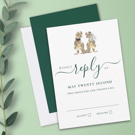 Dinosaur Wedding Green Reply RSVP Karte