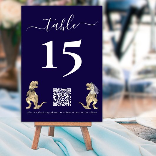 Dinosaur Wedding Navy Blue QR Code für Fotos Tischnummer