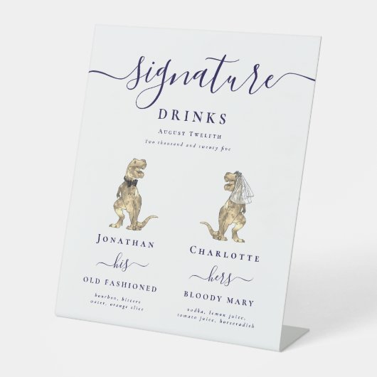 Dinosaur Wedding Navy Blue Script Signature Drinks Sockelschild (Vorderseite)
