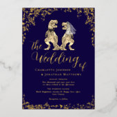Dinosaur Wedding Navy Blue und Gold Folieneinladung (Vorderseite)