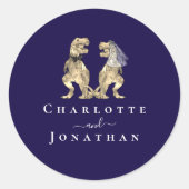 Dinosaur Wedding Navy Blue & White Personalisiert Runder Aufkleber (Vorderseite)