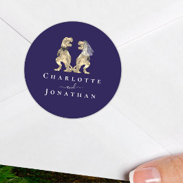 Dinosaur Wedding Navy Blue & White Personalisiert Runder Aufkleber