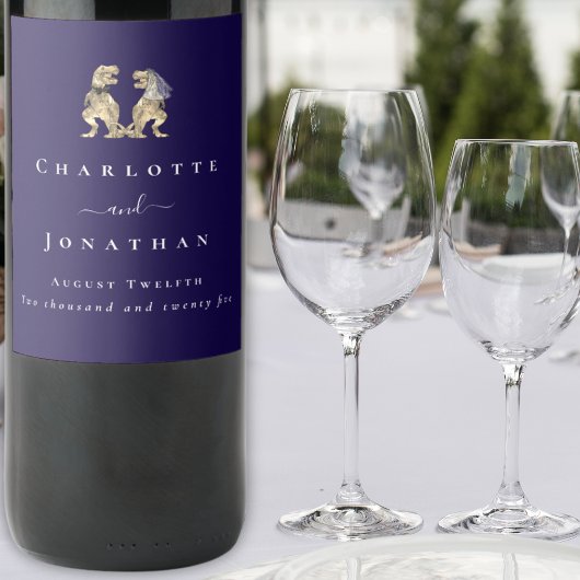 Dinosaur Wedding Navy Blue & White Personalisiert Weinetikett