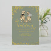 Dinosaur Wedding Sage Green and Gold Folieneinladung (Stehend vorne)