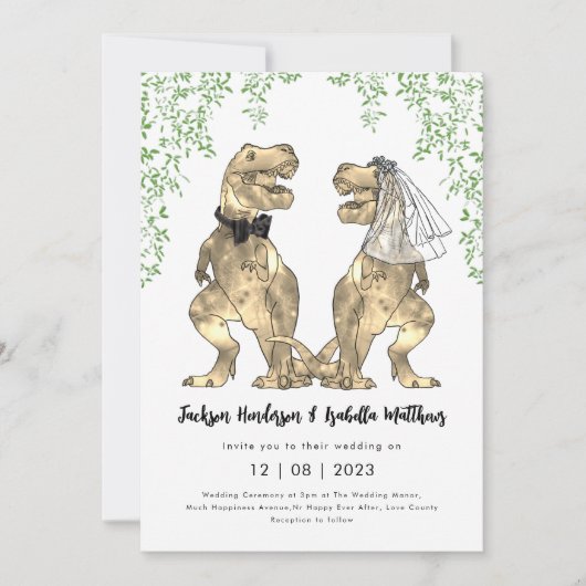 Dinosaur Wedding T-Rex Bride und Groom Einladung (Vorderseite)