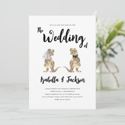 Dinosaur Wedding T-Rex Bride und Groom Einladung (Stehend Vorderseite)