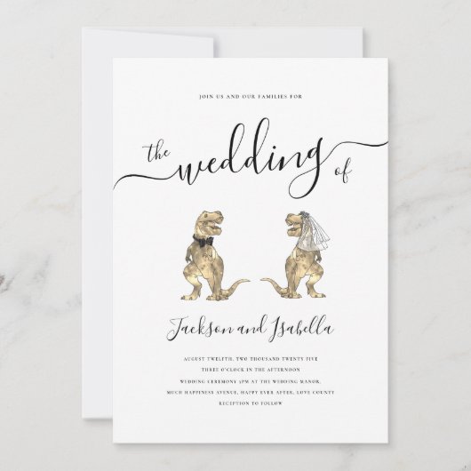 Dinosaur Wedding T-Rex Bride und Groom Einladung (Vorderseite)