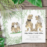 Dinosaur Wedding T-Rex Bride und Groom Einladung<br><div class="desc">Freuen Sie sich auf diese lustige Dinosaurier-Hochzeitseinladung mit T-Rex Braut und Bräutigam. Einfach mit den Namen der Braut und der Bräuche, dem Hochzeitstermin und allen Details des Hochzeitsortes in modernem Typografie-Skript anpassen. Fun T-Rex Braut und Bräutigam Illustrationen in braunen Tönen mit Dschungelblättern in grünen Farbtönen. Originelle Dino-Kunstwerke der Künstlerin Catherine...</div>