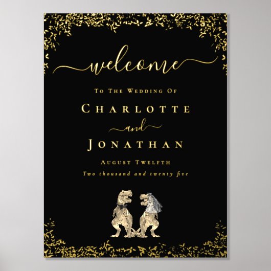 Dinosaur Wedding Welcome Black and Gold Foliendrucke (Vorderseite)