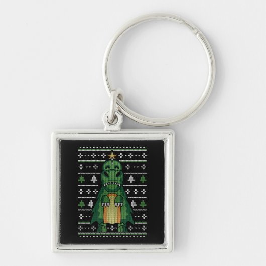 Dinosaur Weihnachtsbaum Ugly Sweater Schlüsselanhänger (Vorne)