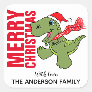 Dinosaur-Weihnachtslabel Quadratischer Aufkleber